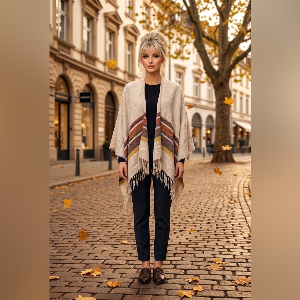 Beige Striped Fringe Knit Poncho - Women Sweater nwt